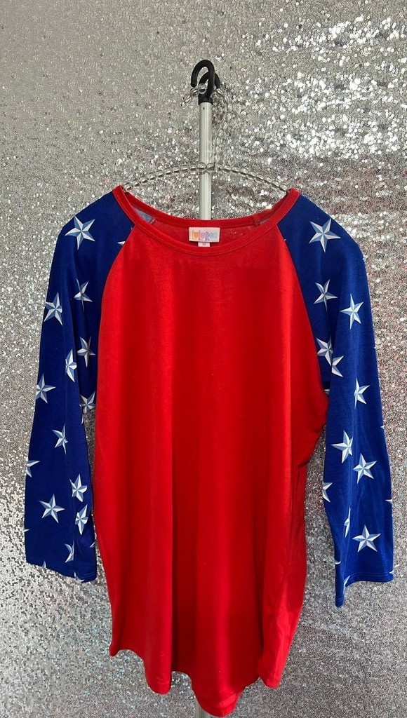 LuLaRoe Red and Blue Star Raglan Sleeve Shirt Size M