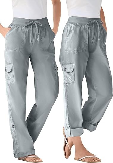 Woman Within Convertible 2 in 1 Cargo Pant & Capri Elastic Waist 100% Cotton
