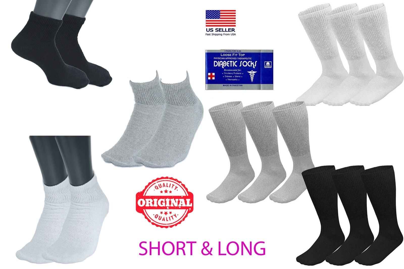 1 3 6 12 24 Pairs Men’s Circulatory Diabetic Crew Socks Size US 9-11 10-13 13-15