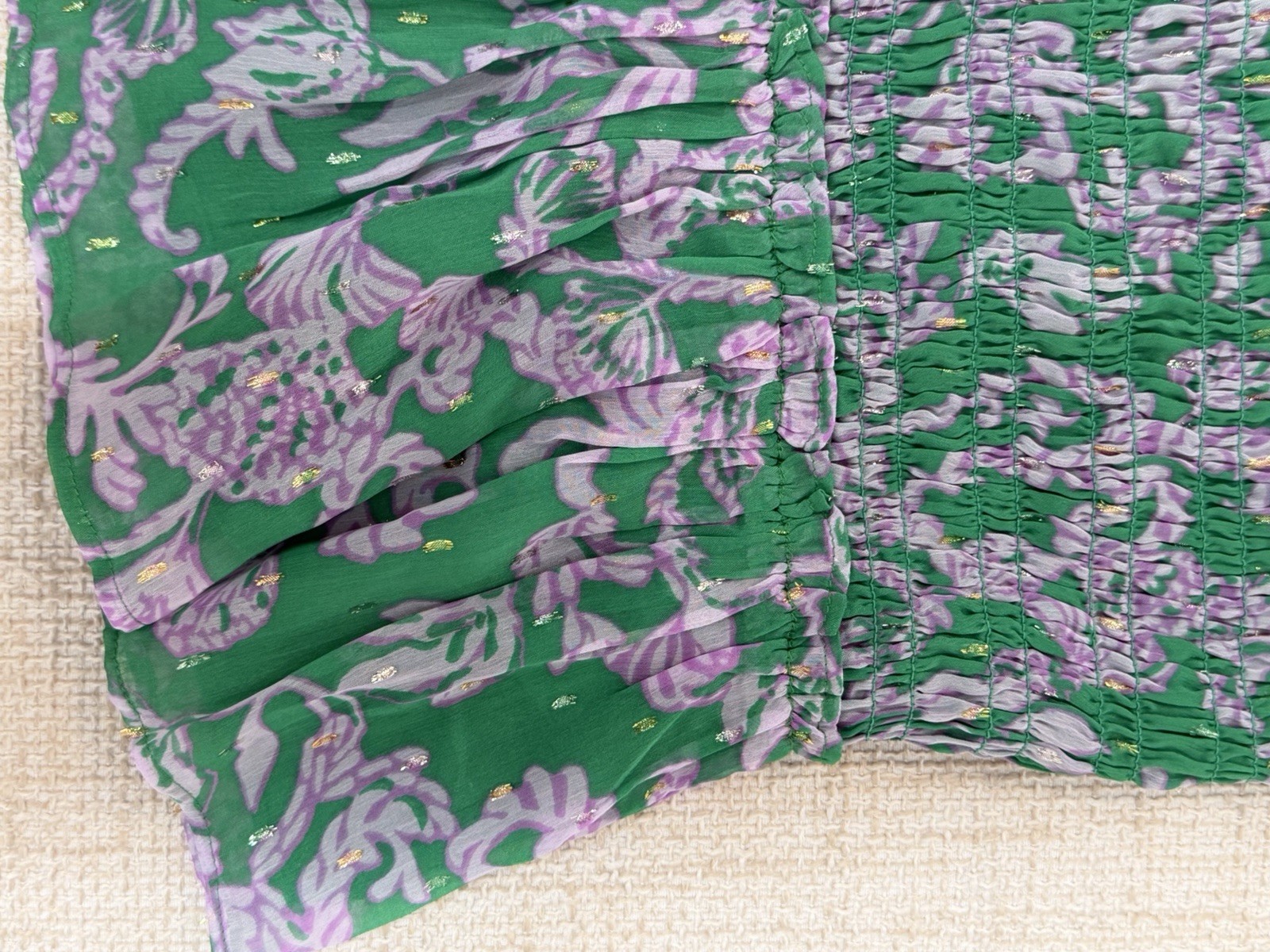 Lilly Pulitzer Green Purple Floral Chiffon Smocked Ruffle Cami Square Neck S