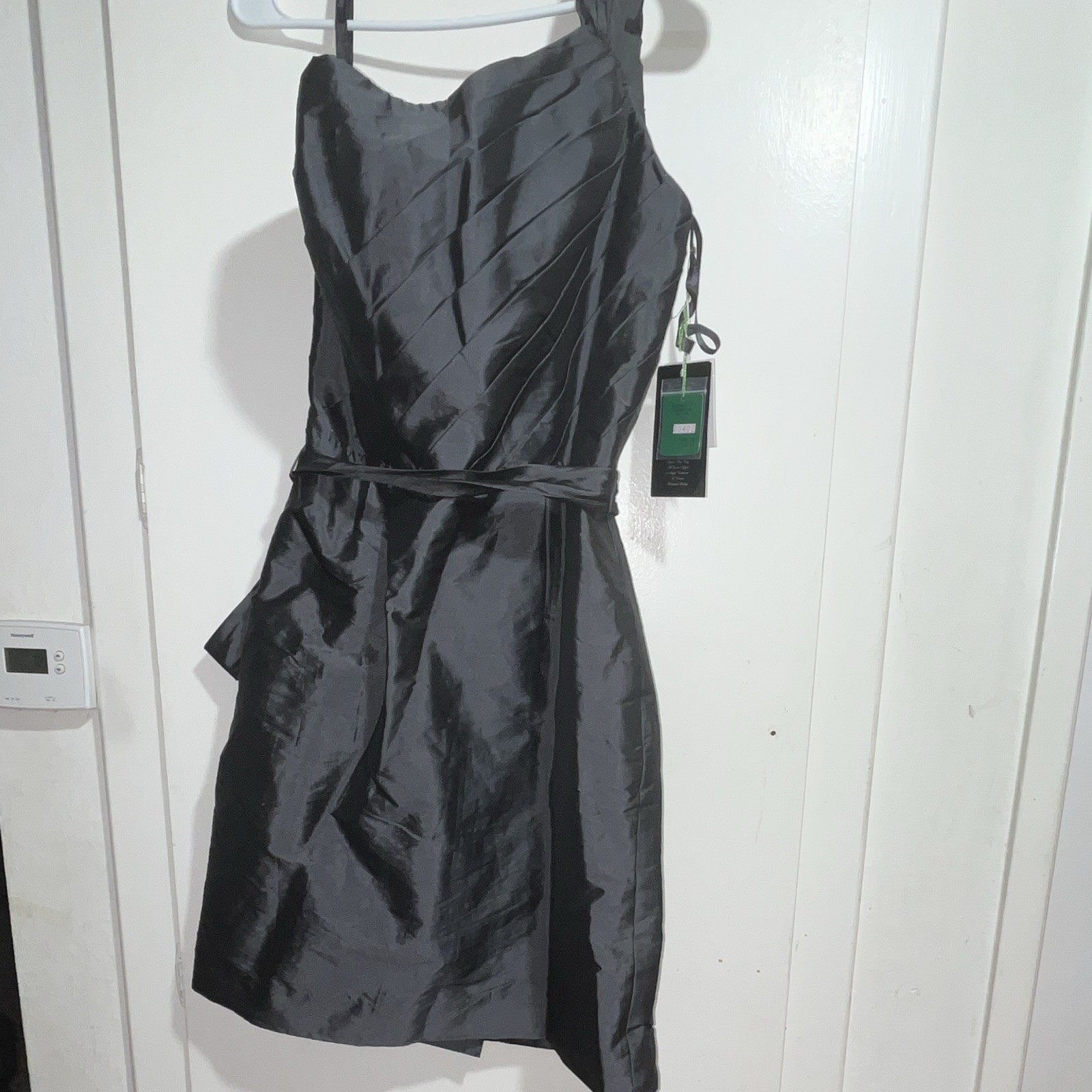 Angelina Faccenda Charcoal Silk Satin Sweetheart Bow A-Line Knee Dress 10