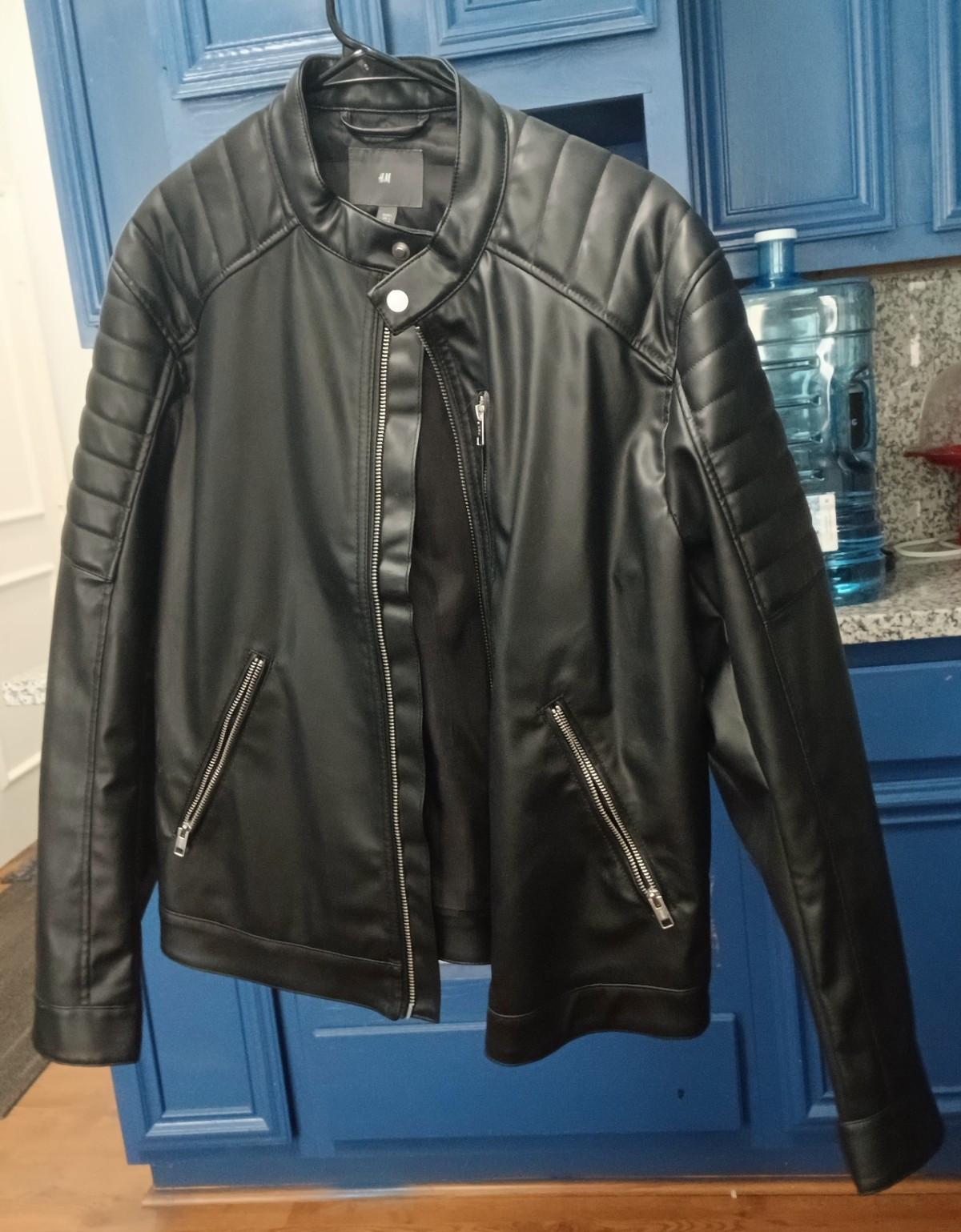 H&M Men’s Black Biker Jacket Full Zip Band Collar Size L Regular Fit
