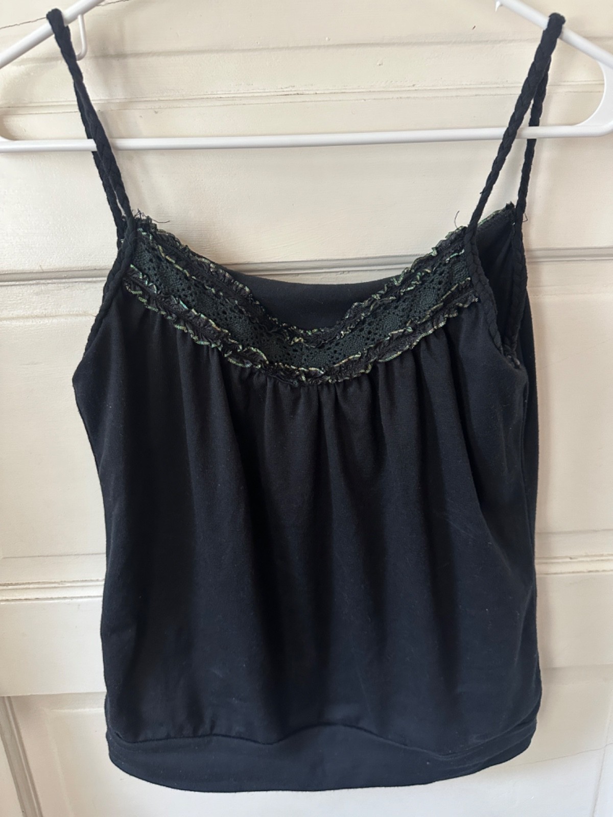 Black Lace Trim Metallic Shimmer Camisole Braided Spagetti Strap Tank Top