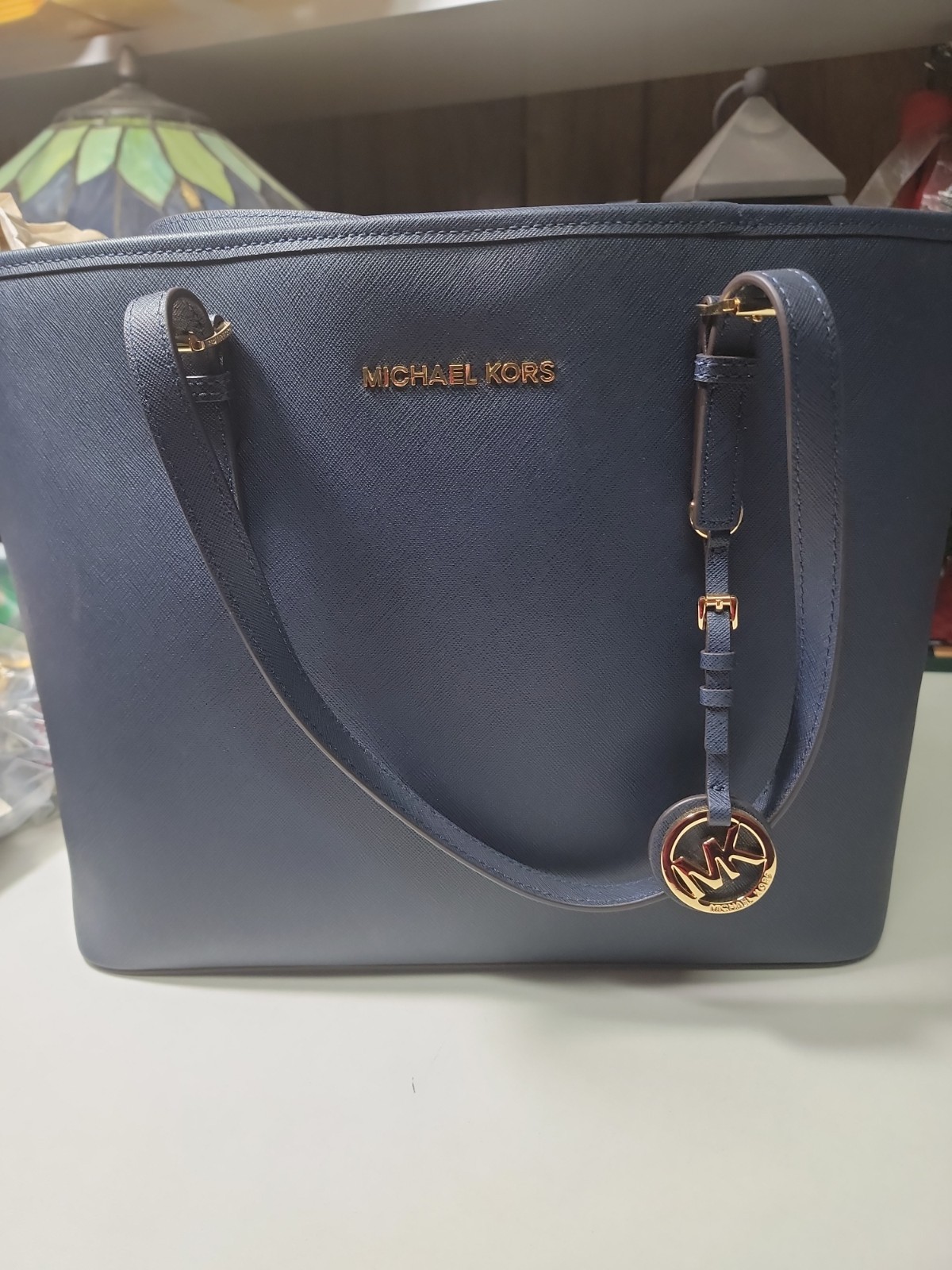 Michael kors leather shoulder bag jet set travel tote top zip blue and gold