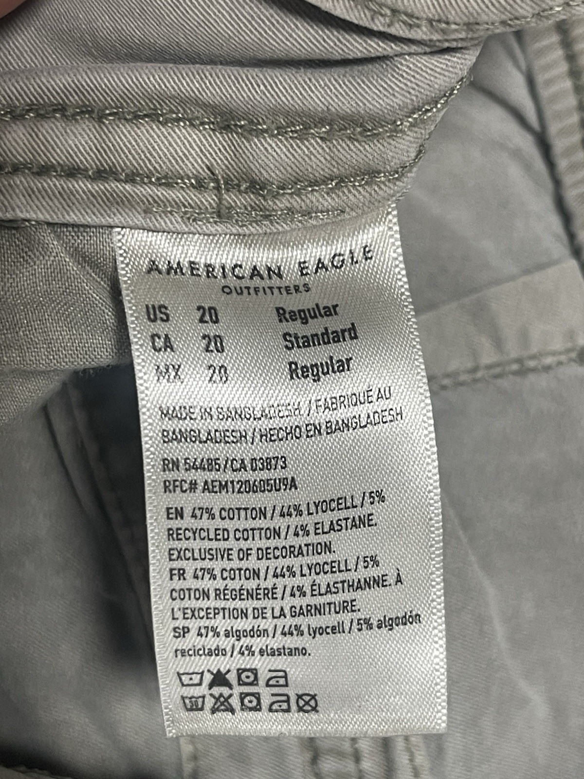American Eagle Gray Stretch Cargo Pants Regular Fit Tapered Twill Drawstring 20W