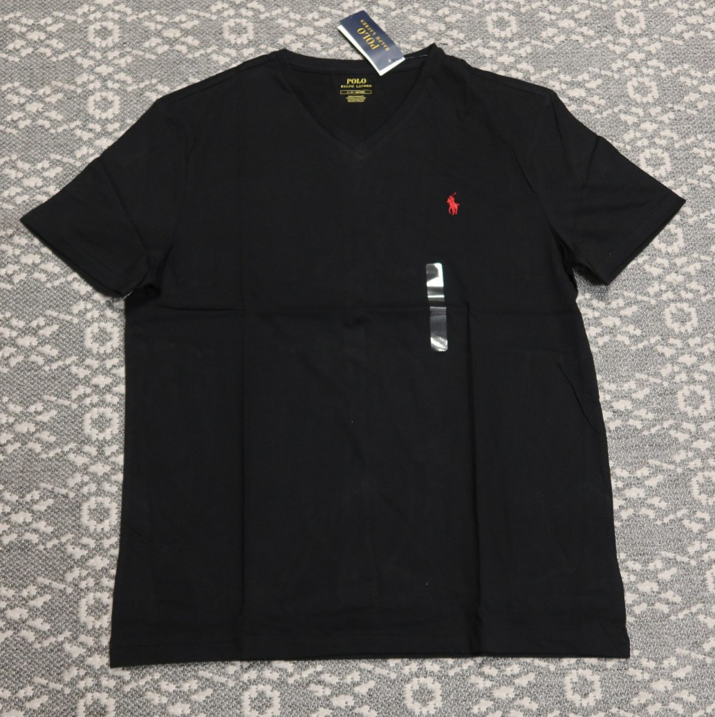 New Polo Ralph Lauren Men’s V-Neck T-Shirt Tee – LARGE – Black with Red Logo