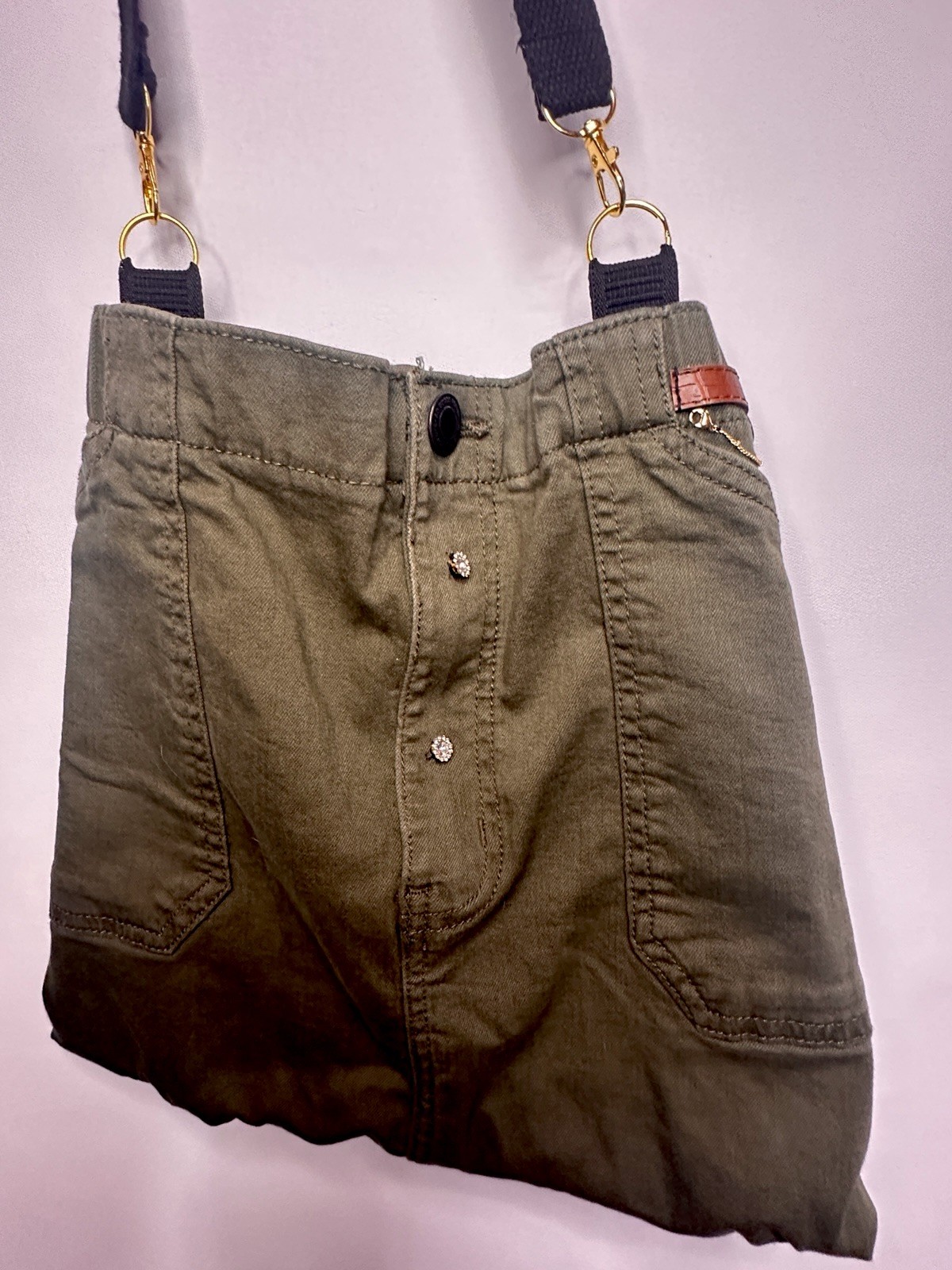 Handmade Shoulder Bag, Repurposed Olive Green Skirt, Black Strap, Gold Hardware
