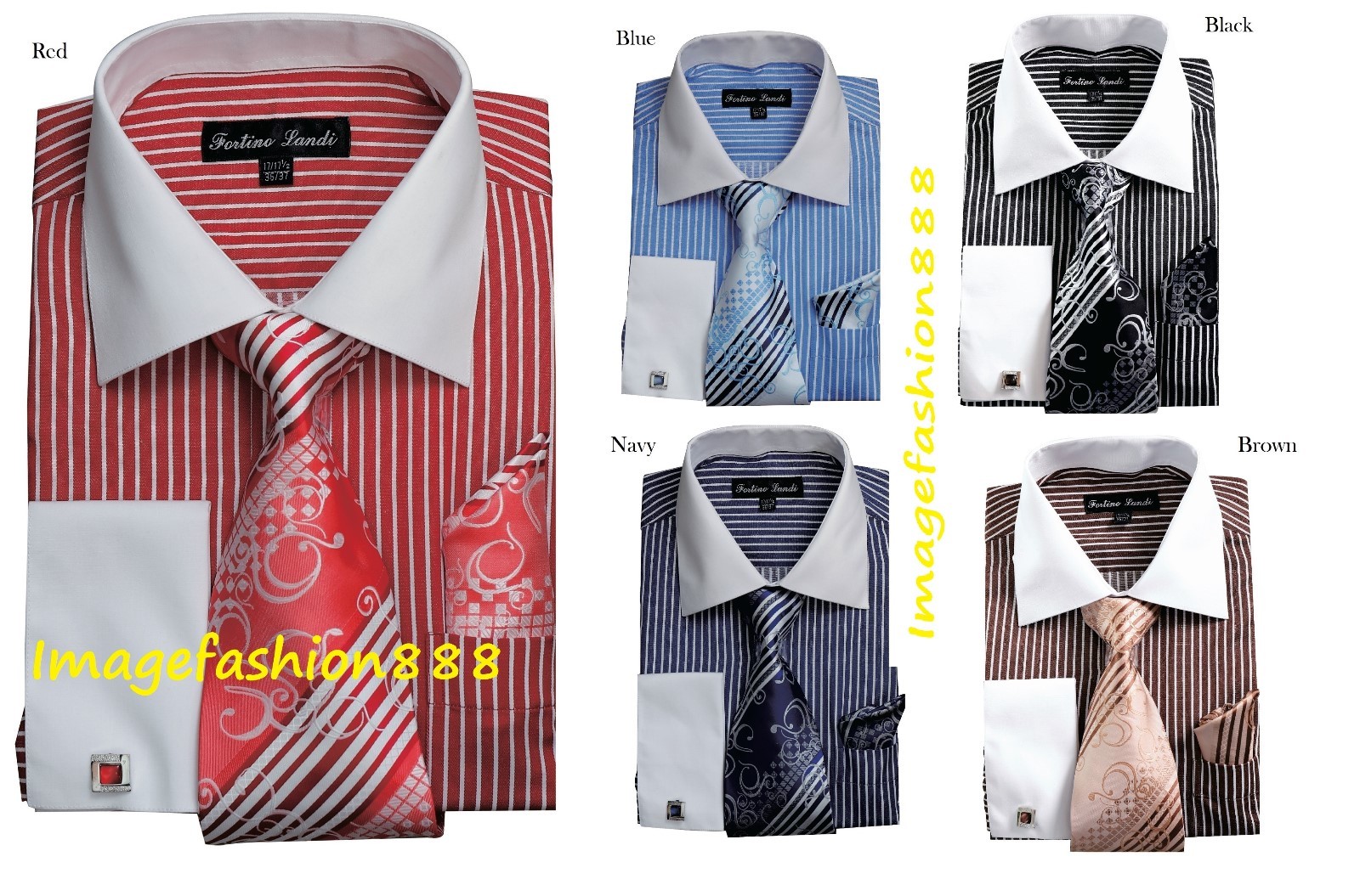 Men’s Striped Fashion French cuff Dress shirt with Tie & Hanky FL631