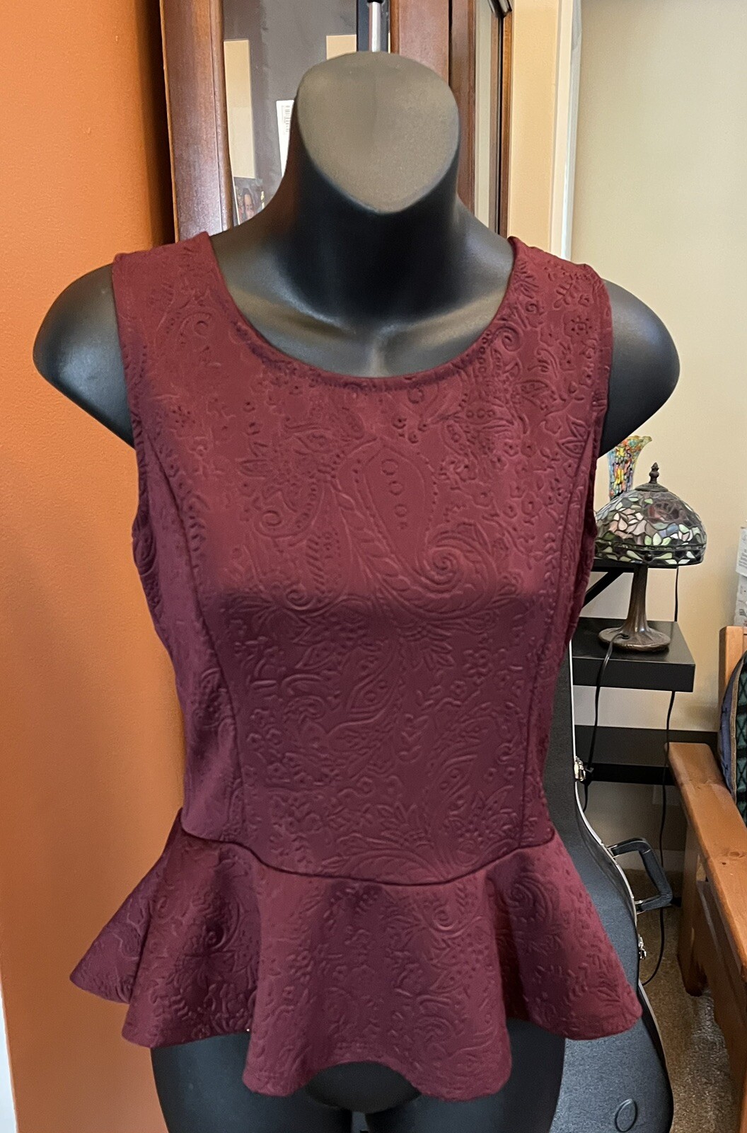 Vintage Style Ginger G Maroon Burgundy Wine Peplum Paisley Top