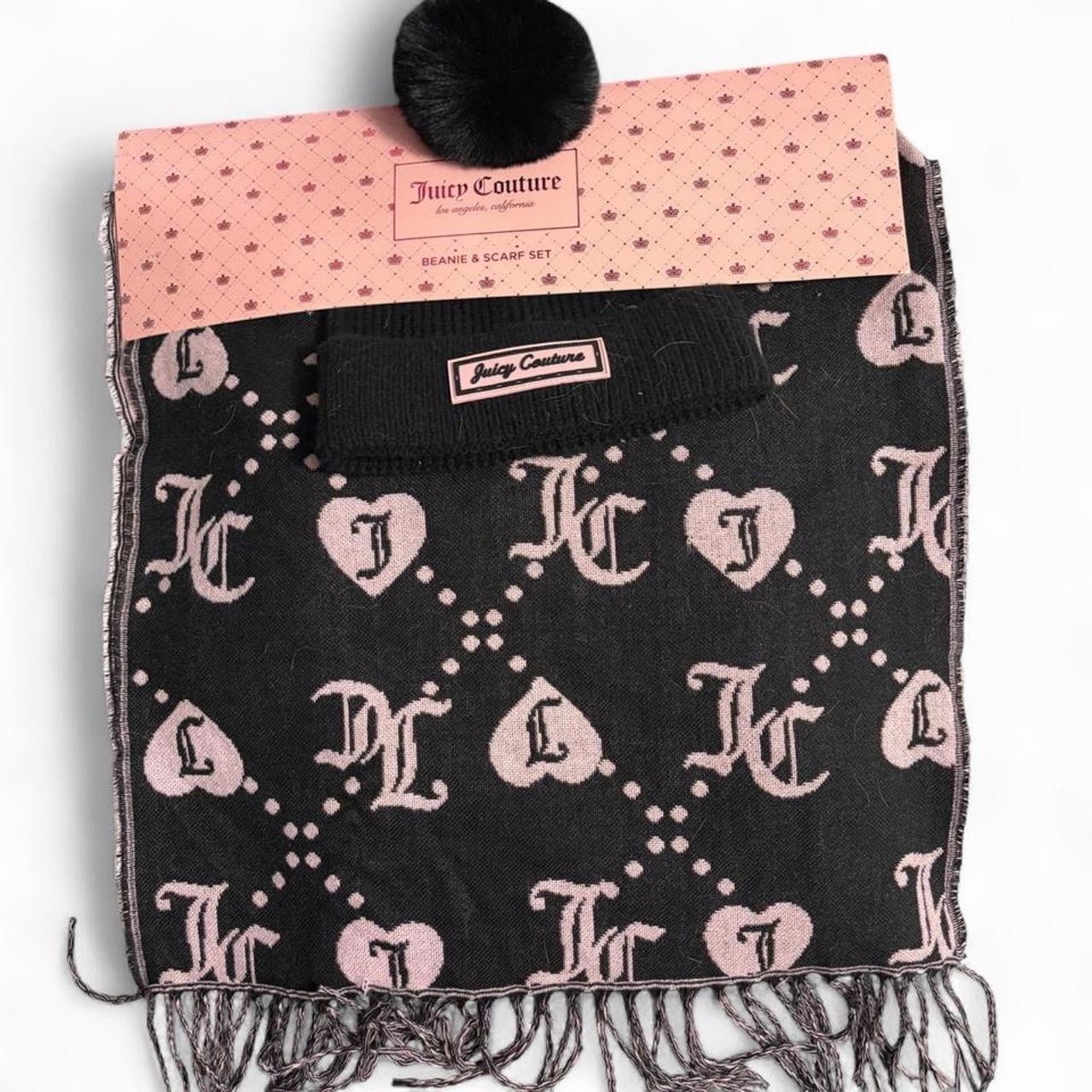 Juicy Couture Beanie Hat and Scarf Set Pink and Black