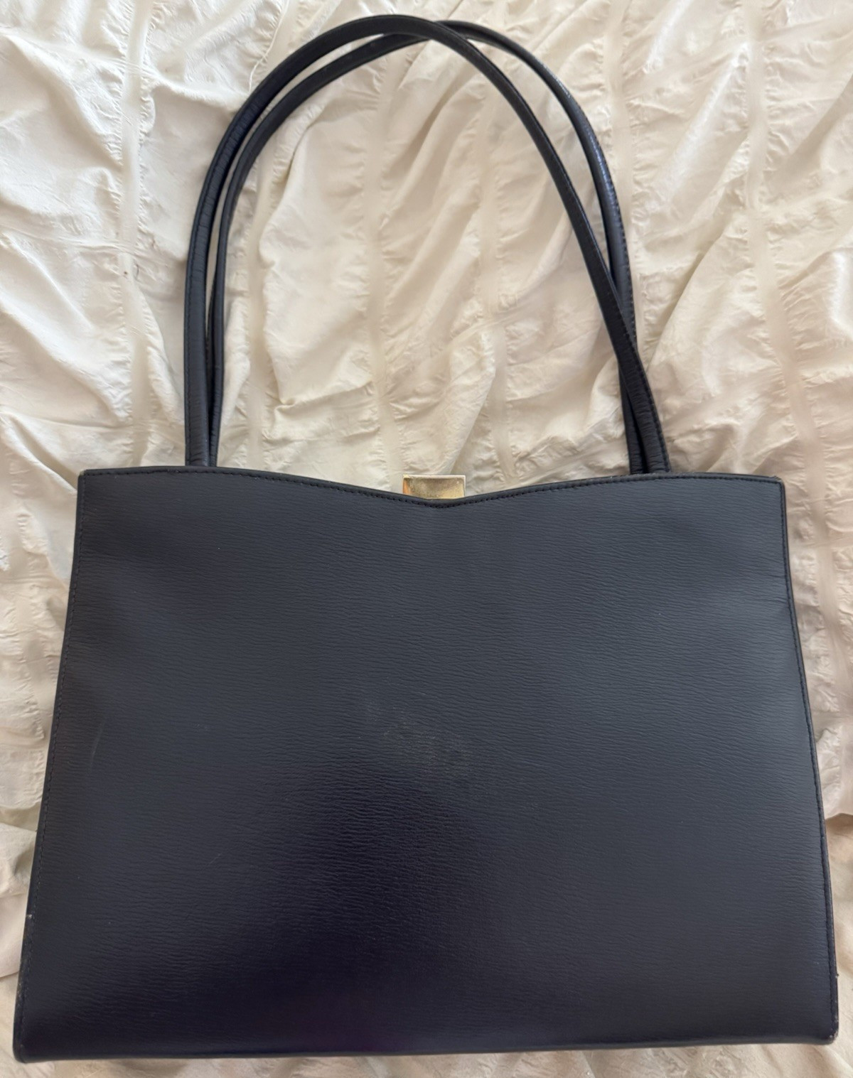 Margolin Navy Blue Shoulder Bag Gold Hardware Clasp Closure Beige Lined