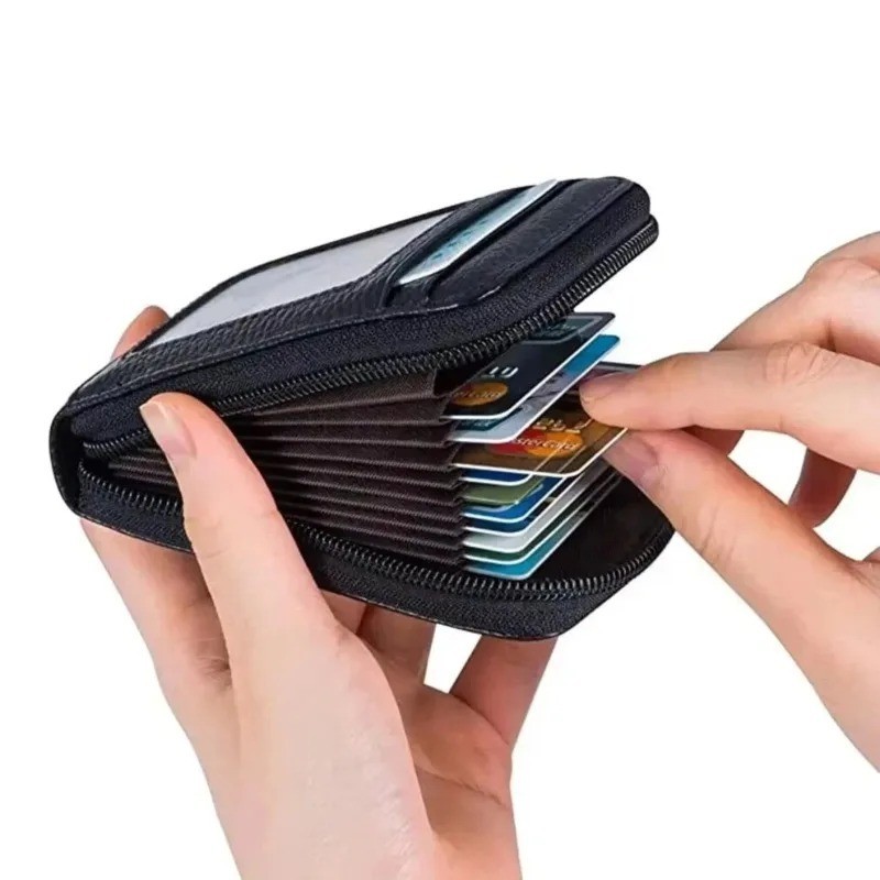 Leather Credit Card Holder RFID-Blocking Zipper Pocket Wallet with ID Window