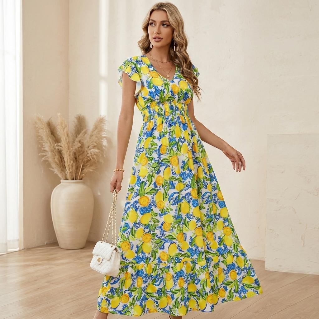 Womens Lemon Print Maxi Dress V Neck Cap Sleeve Summer Beach