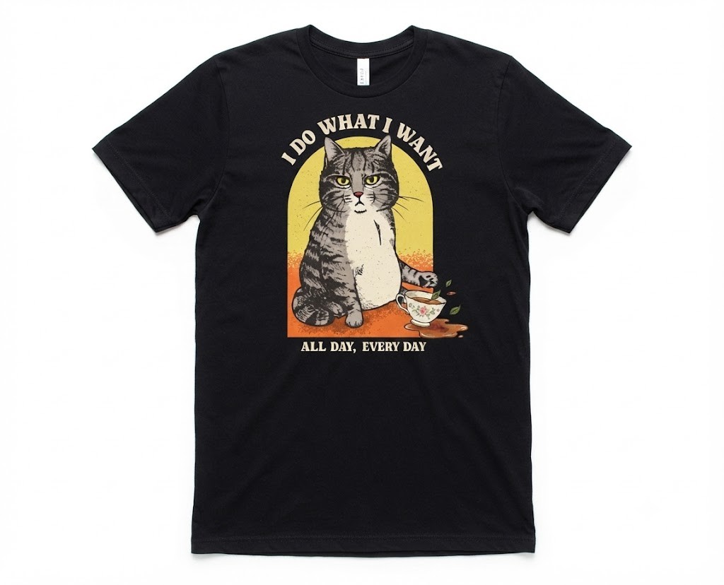 Funny Cat Knocking Over Tea Black Tee, Sarcastic Animal Lover Gift For Friends