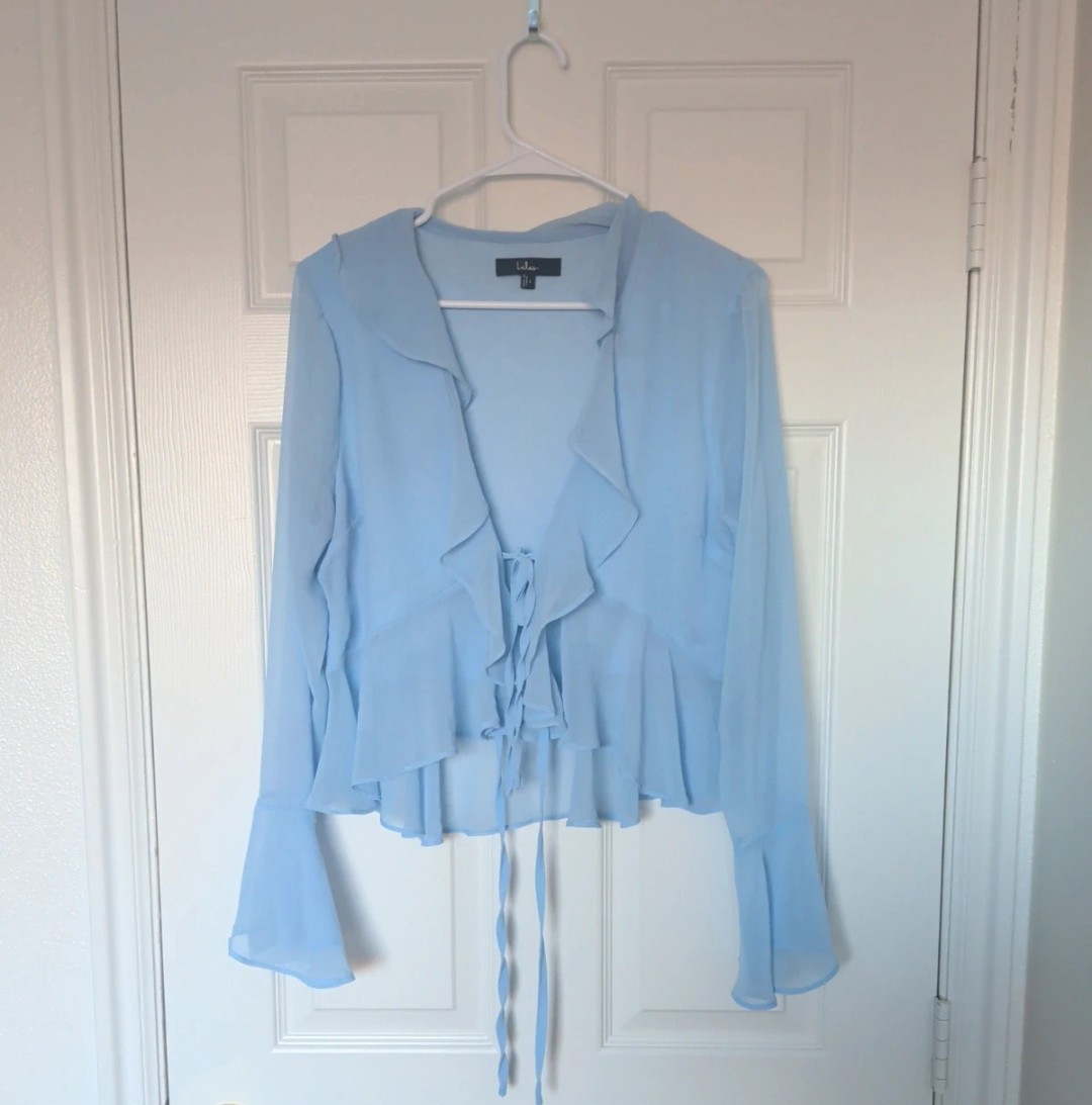 Lulus Blue Chiffon Semi-Sheer Ruffle V-Neck Tie-Front Bell Sleeve Blouse L
