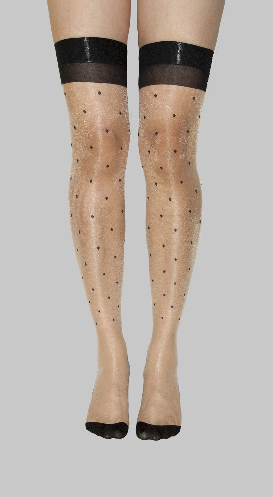 SPANDEX POLKA DOTS SHEER NUDE BLACK CUBAN HEEL THIGH HI STOCKINGS BACK SEAM O/S
