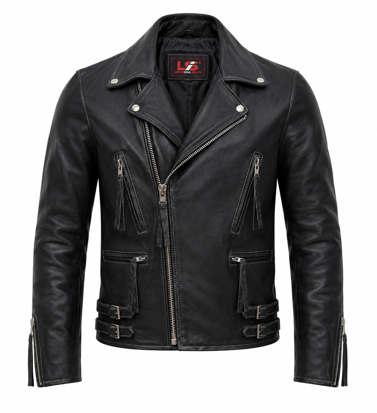 Men’s Genuine Leather Double Rider Jacket Classic Brando Motorcycle Biker Coat