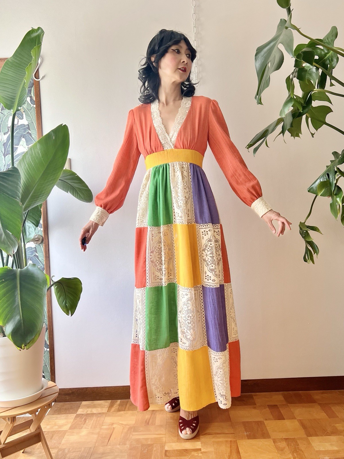 70s Jonathan Logan Patchwork Color Block Cotton Gauze & Lace Prairie Maxi Dress