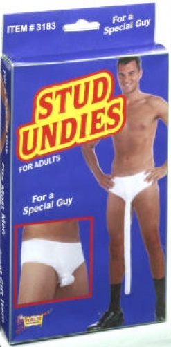 STUD UNDIES UNDERWEAR White Briefs Long Funny Joke Prank Men Bachelorette Hung