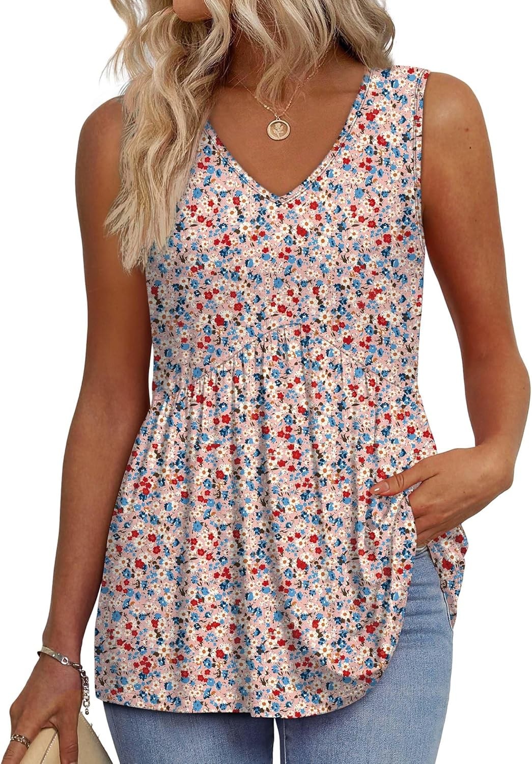 Womens Flowy Babydoll Tank Top Sleeveless V Neck Peplum Summer Casual Blouse