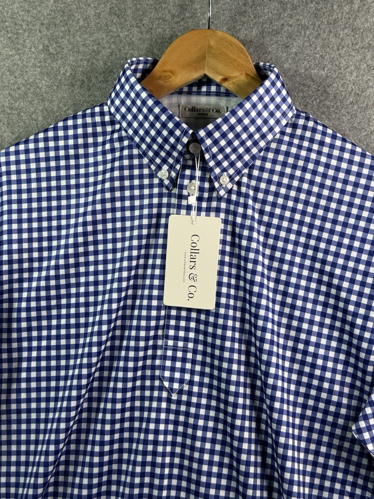 Collars & Co Blue & White Gingham Plaid Dress Collar Polo Shirt Medium NEW