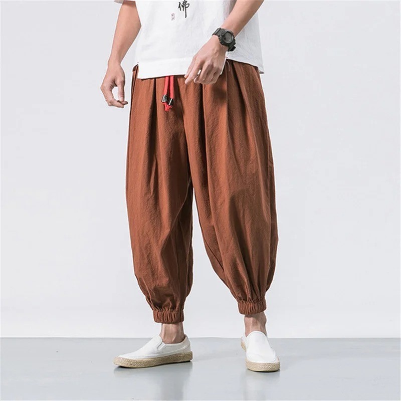 New Oversized Men Harem Pants Loose Chinese Style Cotton Linen Sweatpants Breath