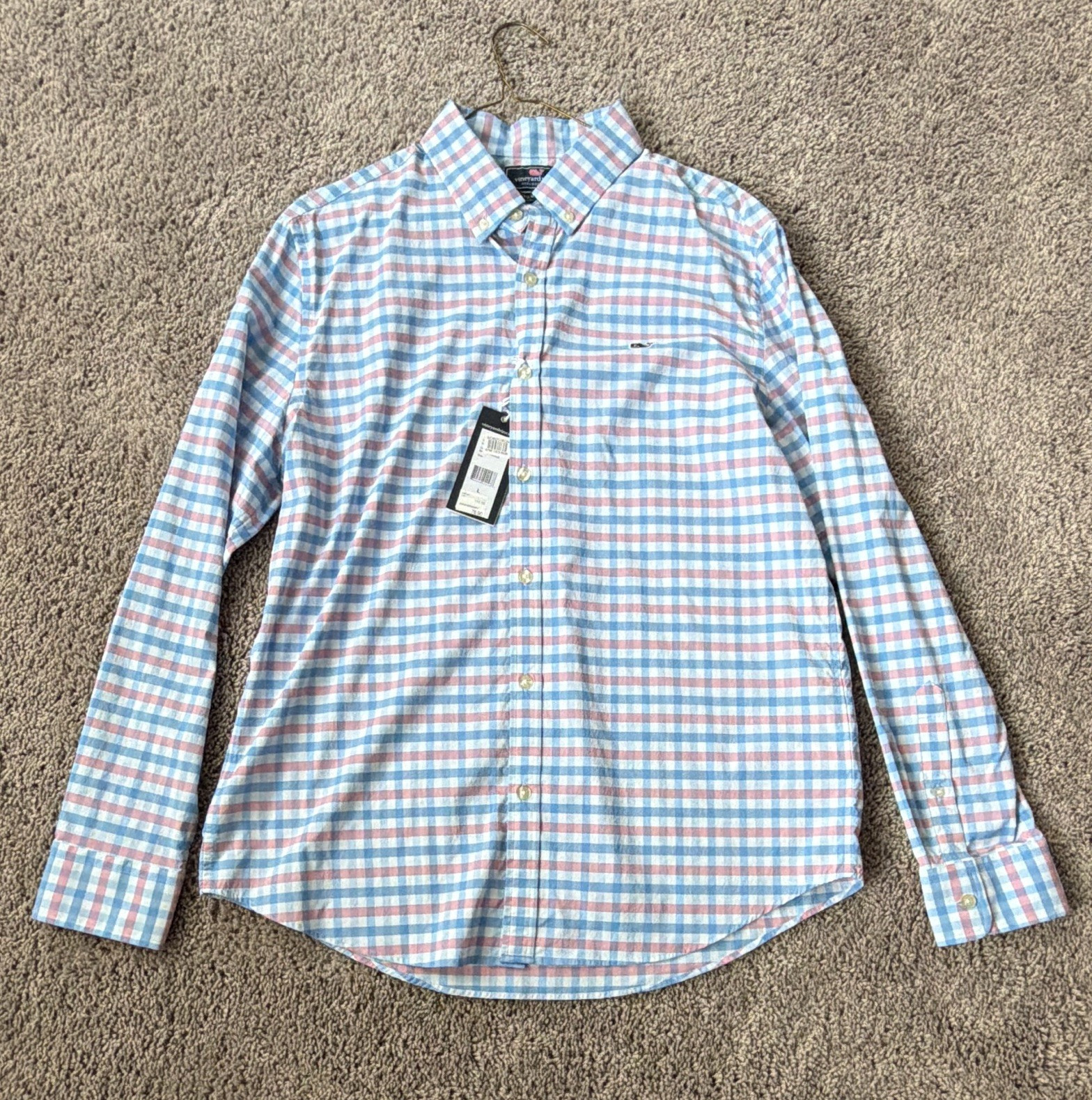 Vineyard Vines Men’s L Cotton Woven Blue Pink White Check Button-Down Shirt
