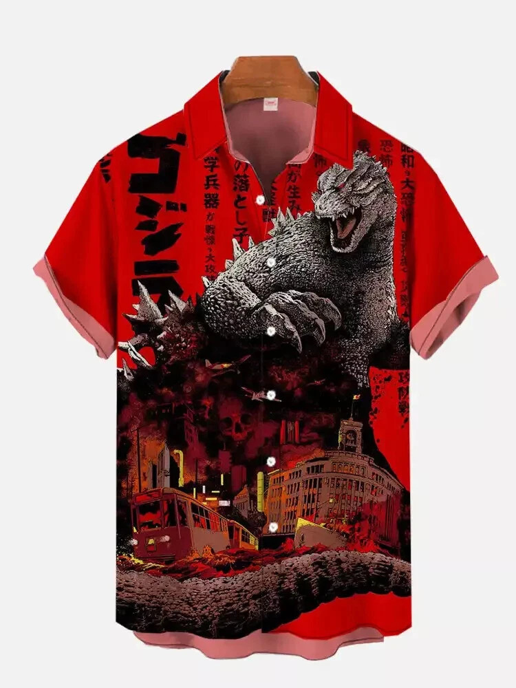 Godzilla Japanese Art 3D Print Hawaiian Shirt Classic Movie Aloha Button Up