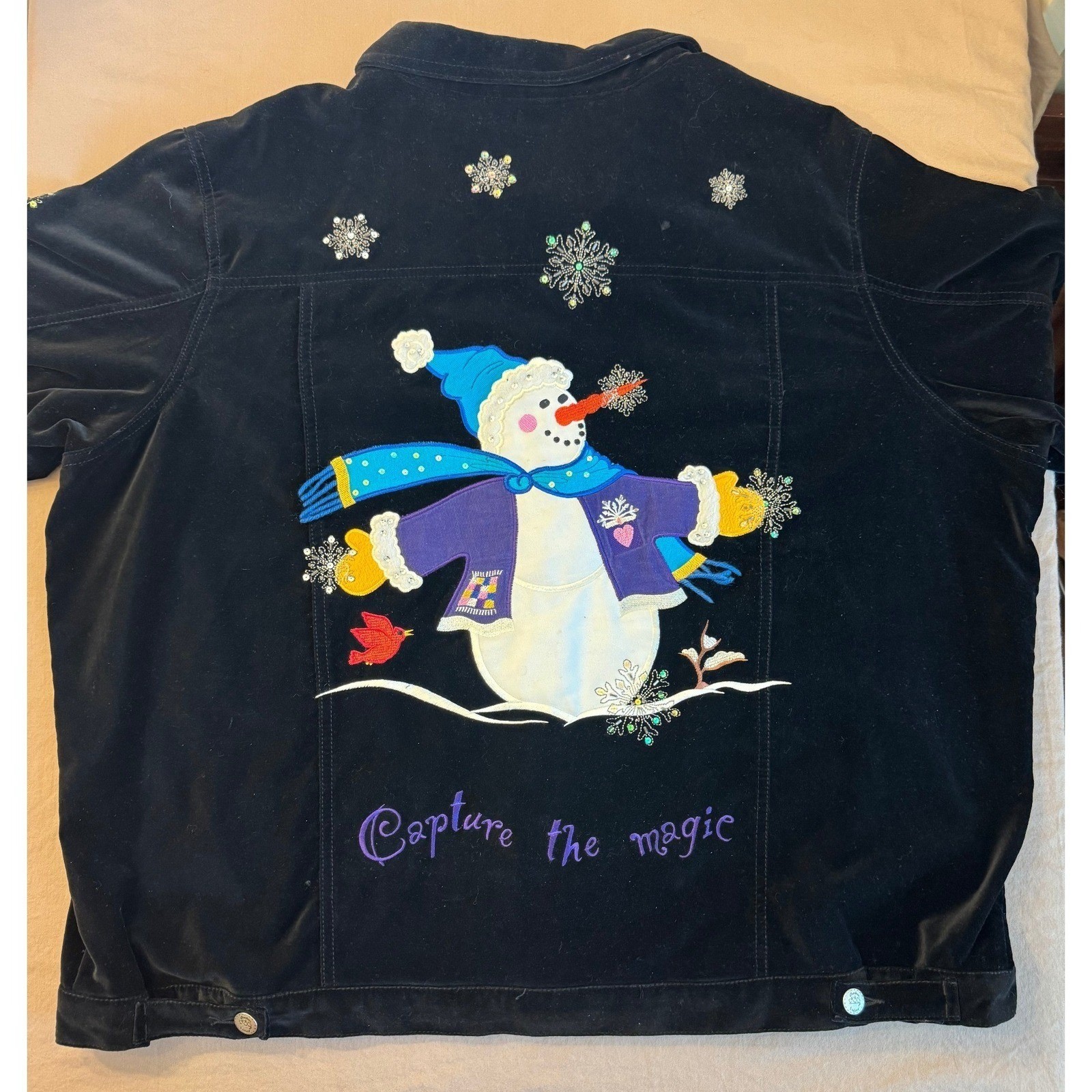 Vintage The Quacker Factory Christmas Black Velvet Shacket 2X Embroidered Button