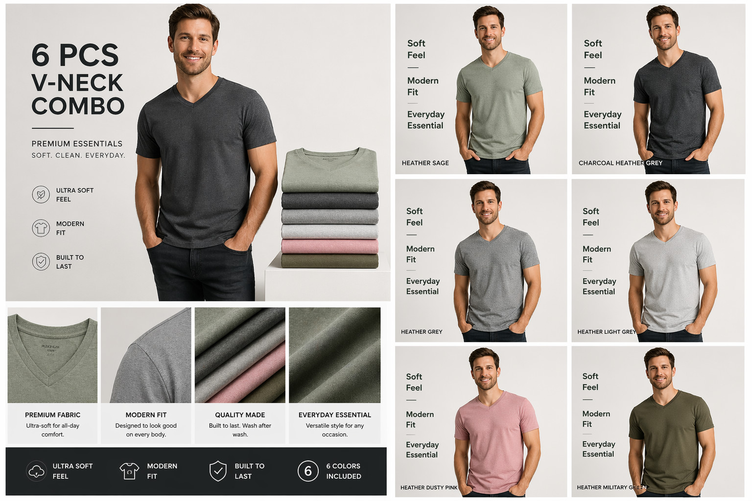 True Classic V-Neck T-Shirts 6 Pack Men Size L New No Tags Soft Premium Fit