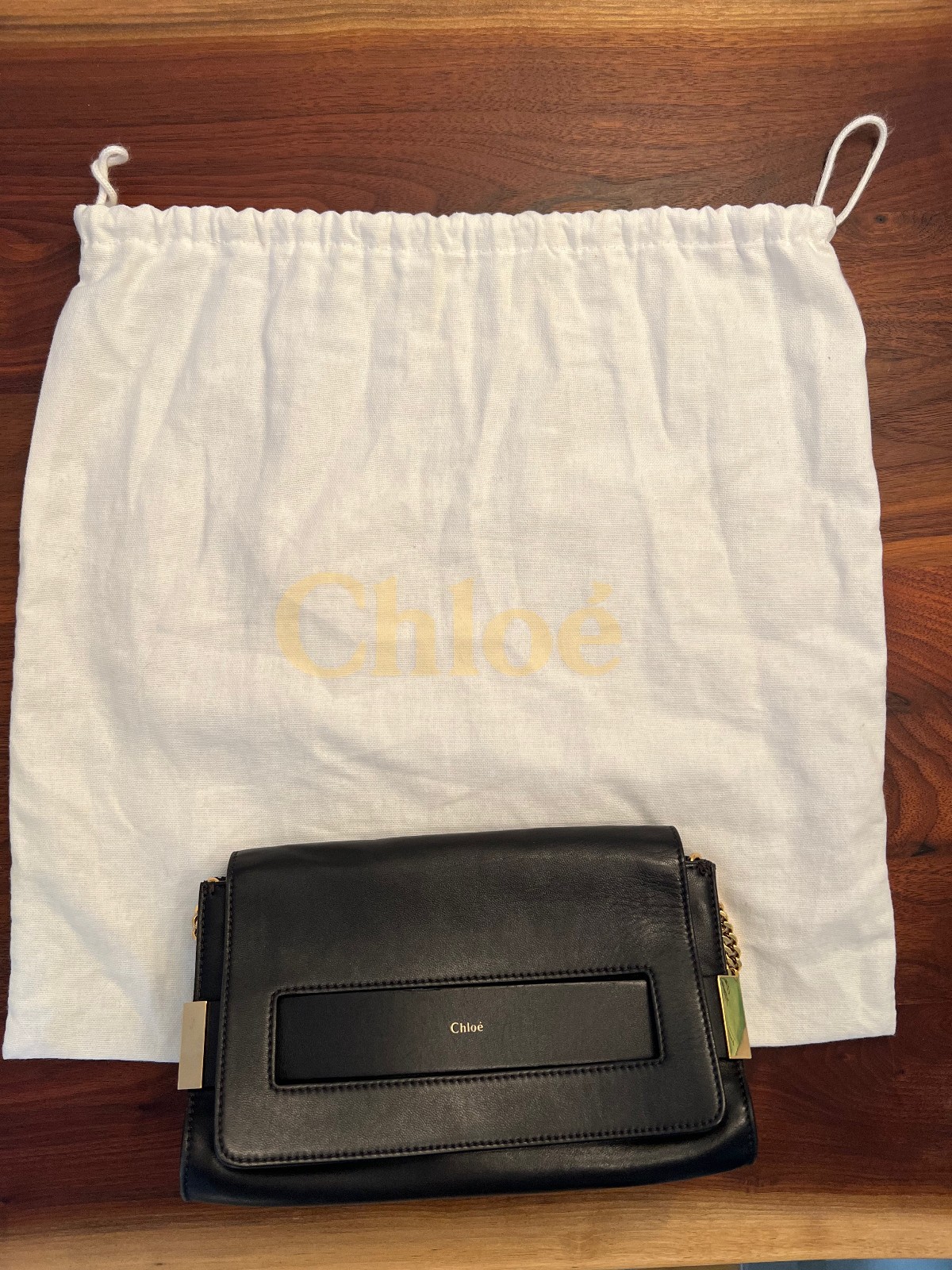 Chloé Elle Chain Clutch/Crossbody Bag Black Leather Gold Hardware