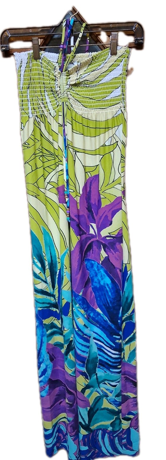 VINTAGE Y2K CACHE SILKY BEADED TROPICAL HALYER MAXI DRESS SIZE SMALL
