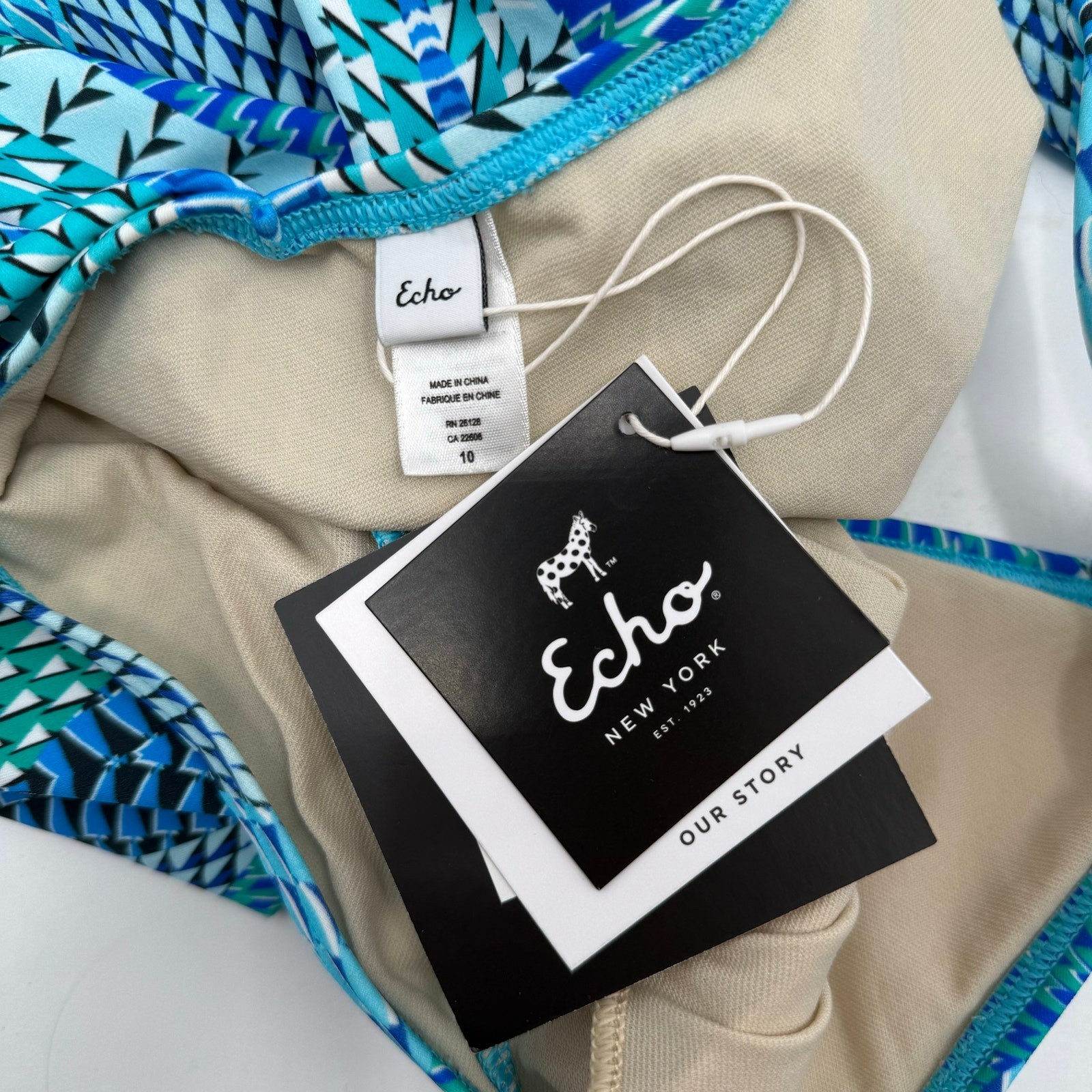 ECHO Swimsuit Size 10 One Piece Havana Geo Blue Low Back Halter Tie Swim Beach