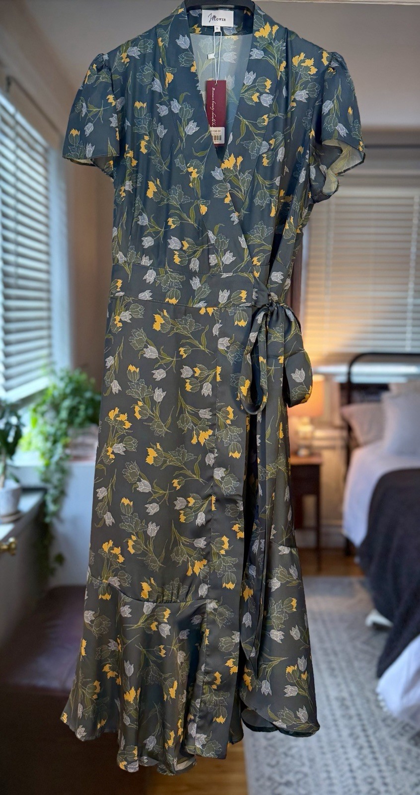 JoFlower Margaret Wrap Dress Midi Small Gray Floral Pattern New With Tags $198
