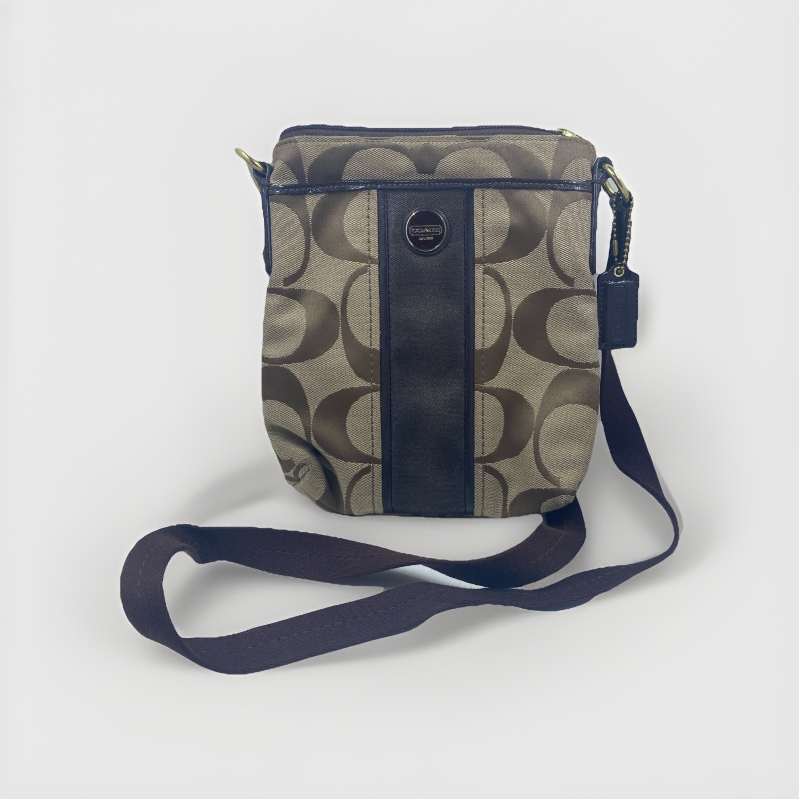 Coach Signature Stripe Shoulder Bag Crossbody Swingpack Brown