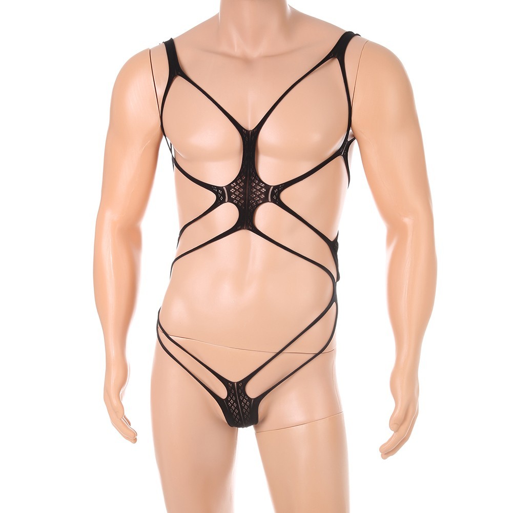 Mens Fishnet Bodysuit Hollow Bra Bondage Lingerie Underwear Black Size