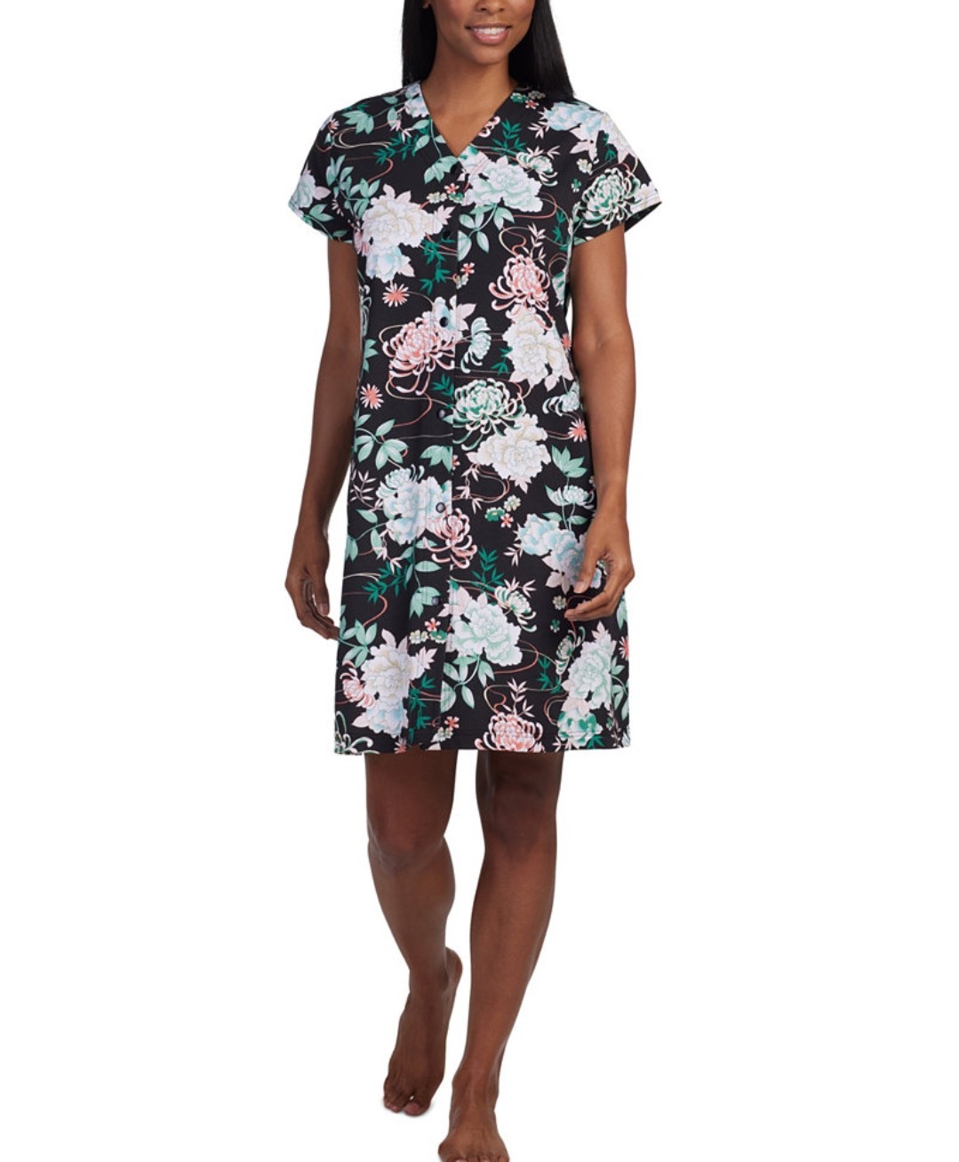 Miss Elaine Women’s Short Sleeve Floral Snap Robe Color Seaside Black NWT
