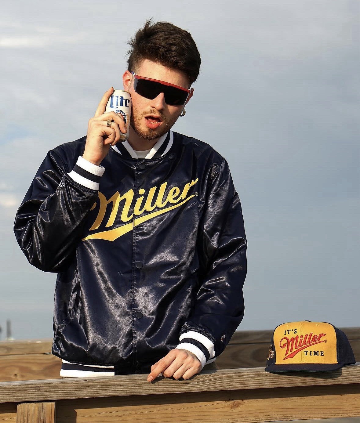 Mitchell & Ness Men’s Blue Miller Lite Varsity Jacket Logo Snap Front Pockets L