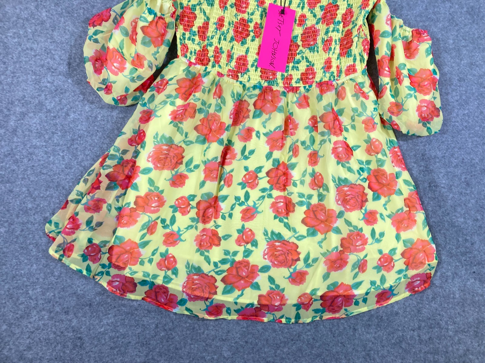 Betsey Johnson Baby Doll Dress Womens XL Yellow Floral Smocked Puff Sleeve NWT