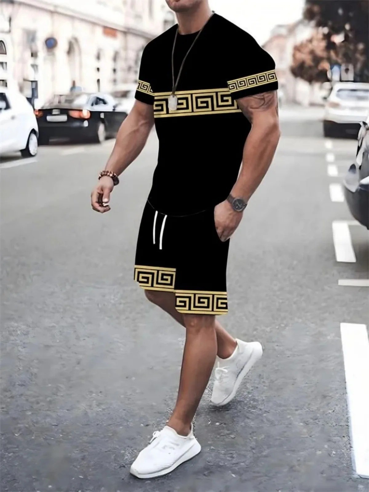 Men 2-Piece Set Summer Outfit Short Sleeve Sweatshirt T Shirts and Shorts Suits