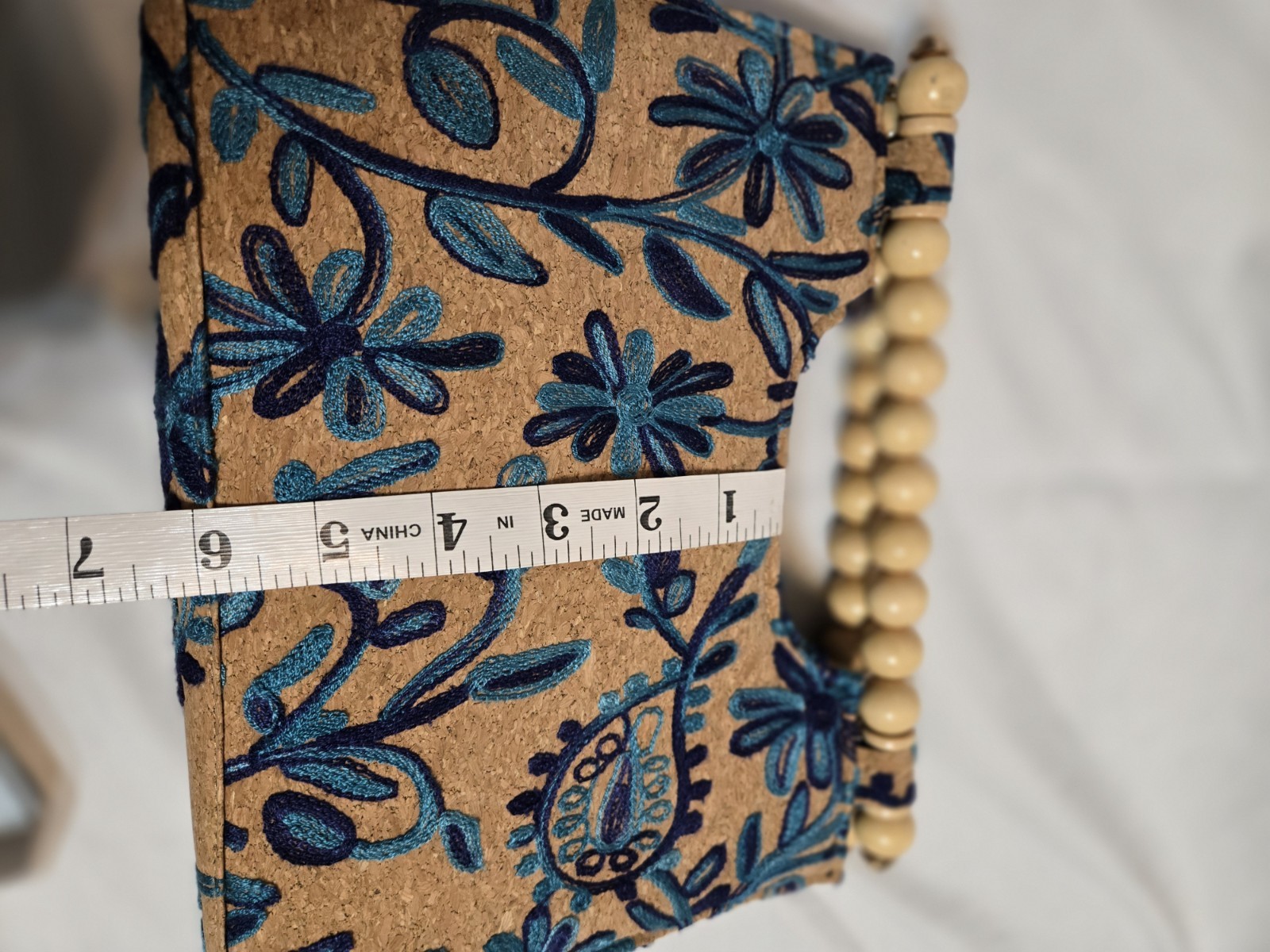 Women’s Tan Blue Floral Embroidered Beaded Top Handle Bag Wood Handle Lined