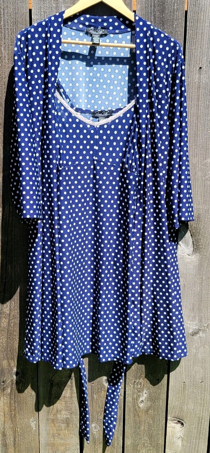 Rene Rofe Women’s Tie Robe & Cami Nightgown Set Blue w Polka Dots Sz L