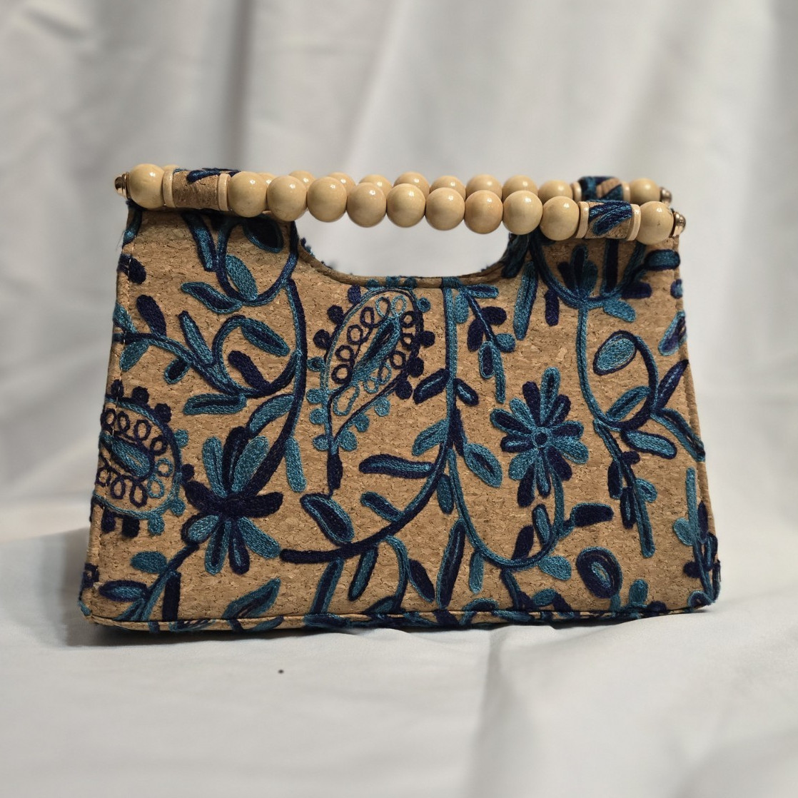 Women’s Tan Blue Floral Embroidered Beaded Top Handle Bag Wood Handle Lined