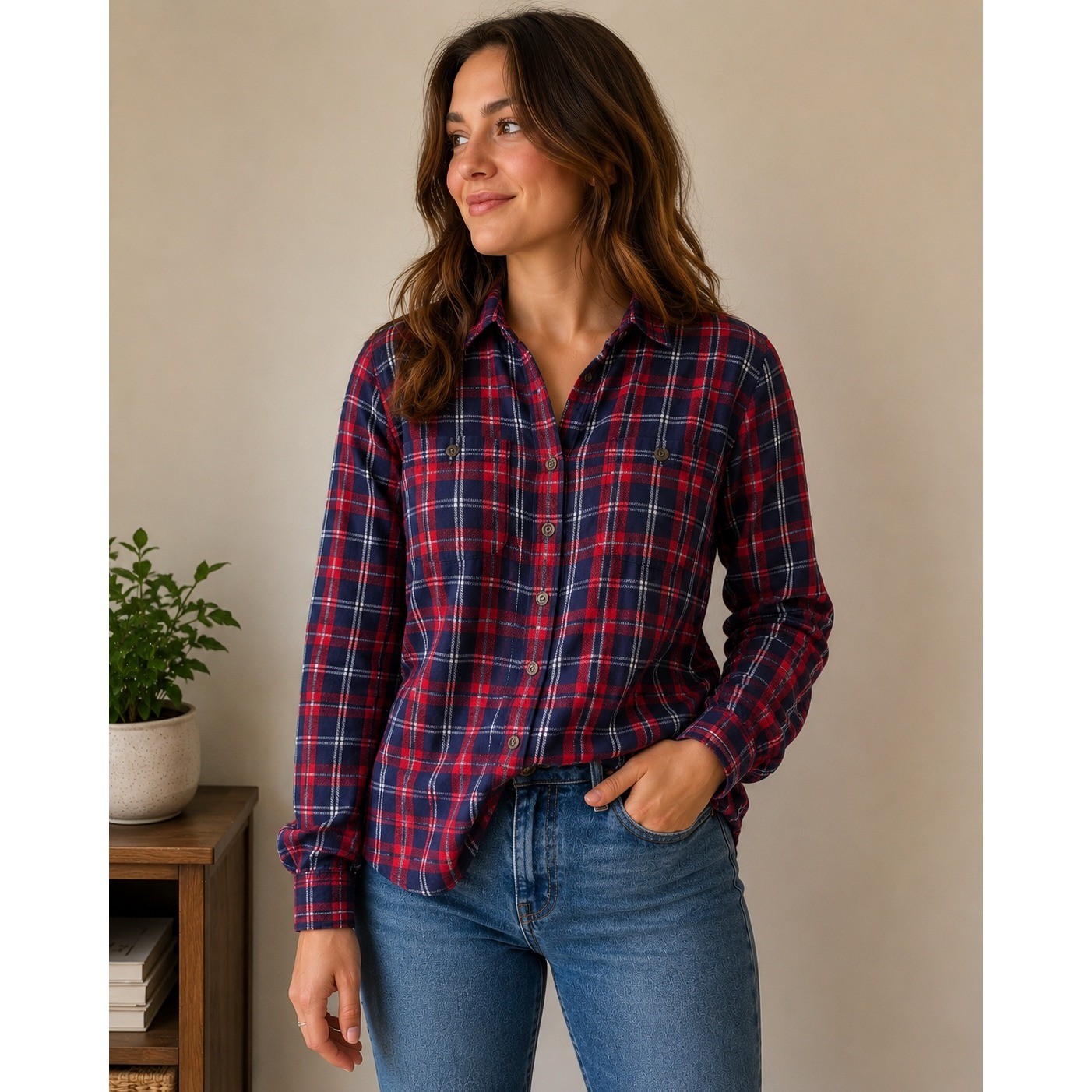 Duluth Trading Co Plaid Flannel Button Down Shirt Womens Medium Red Blue Cotton