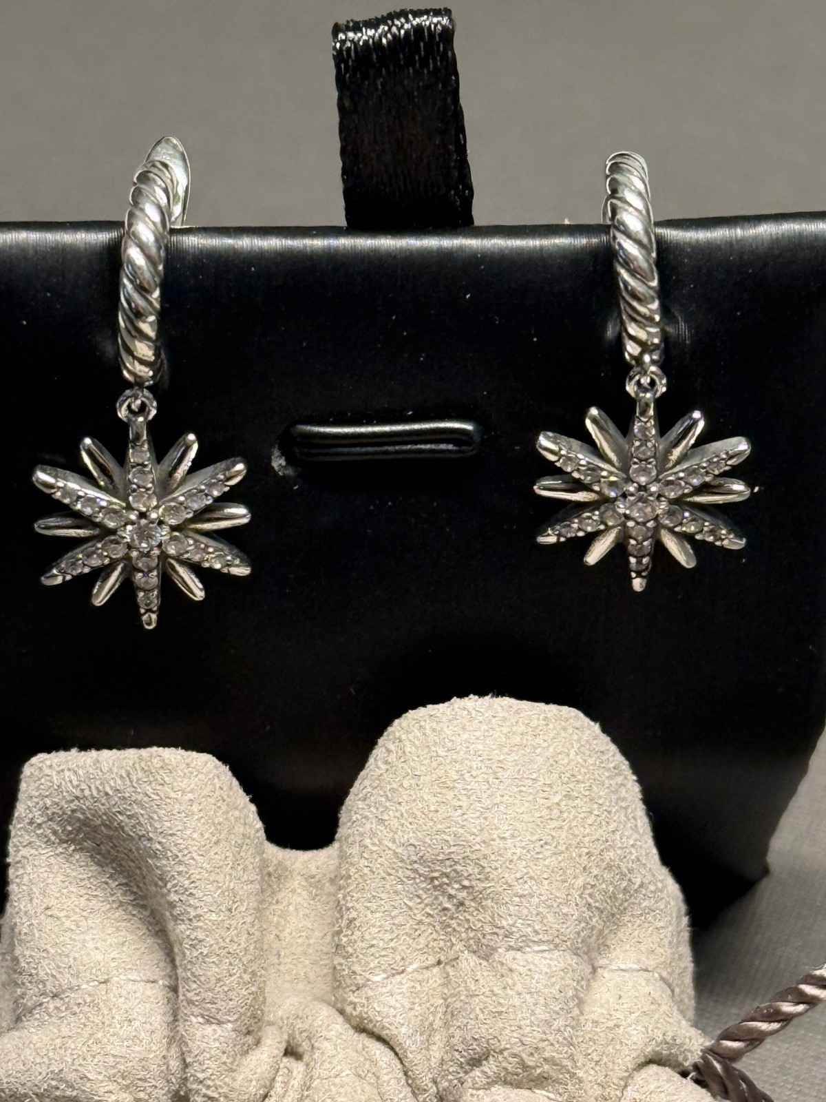 David Yurman 925 Sterling Silver Starburst Diamond Drop Earrings 7 mm