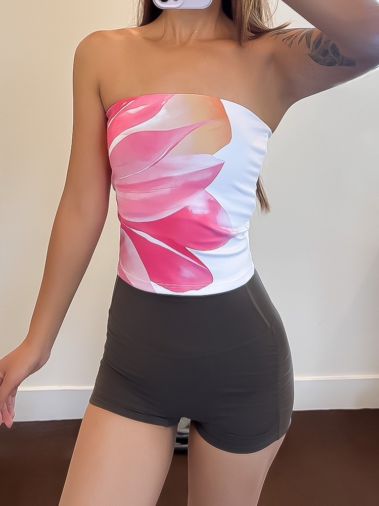 Women’s Strapless Floral Tube Top White/Red Quick-Dry Breathable Fitness Top