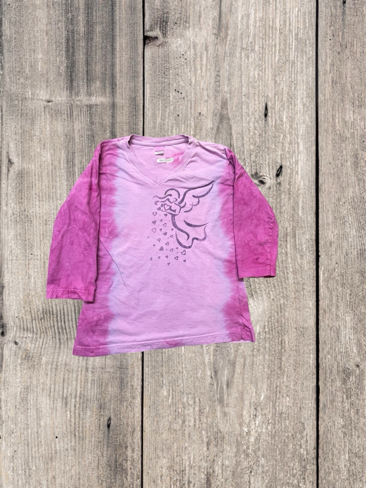 LAT Apparel Pink Tie-Dye Cupid Angel V-Neck 3/4 Sleeve Shirt M