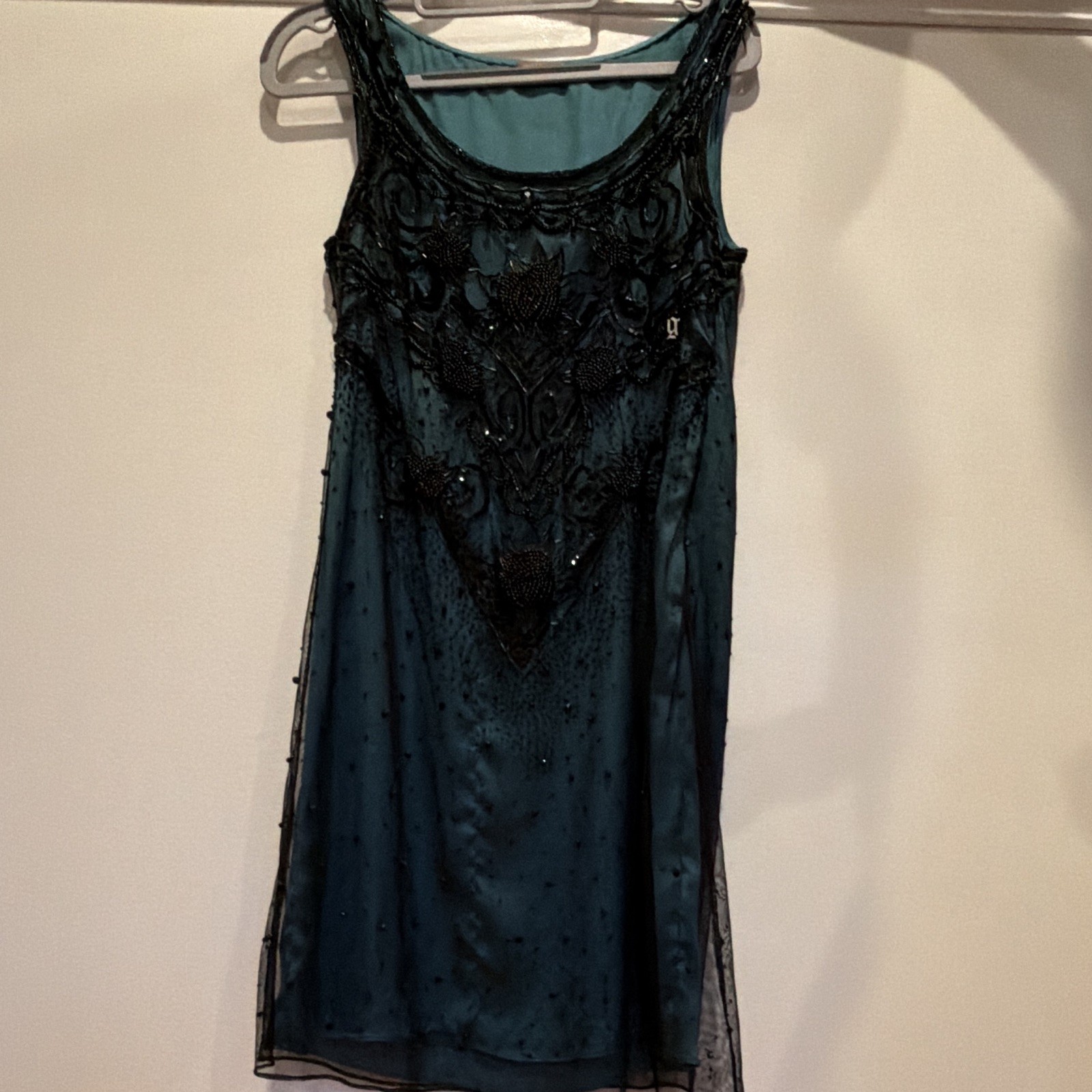 Gattinoni Blue Midi Slip Dress 42 Scoop Neck Sleeveless Beaded Sequin Zip