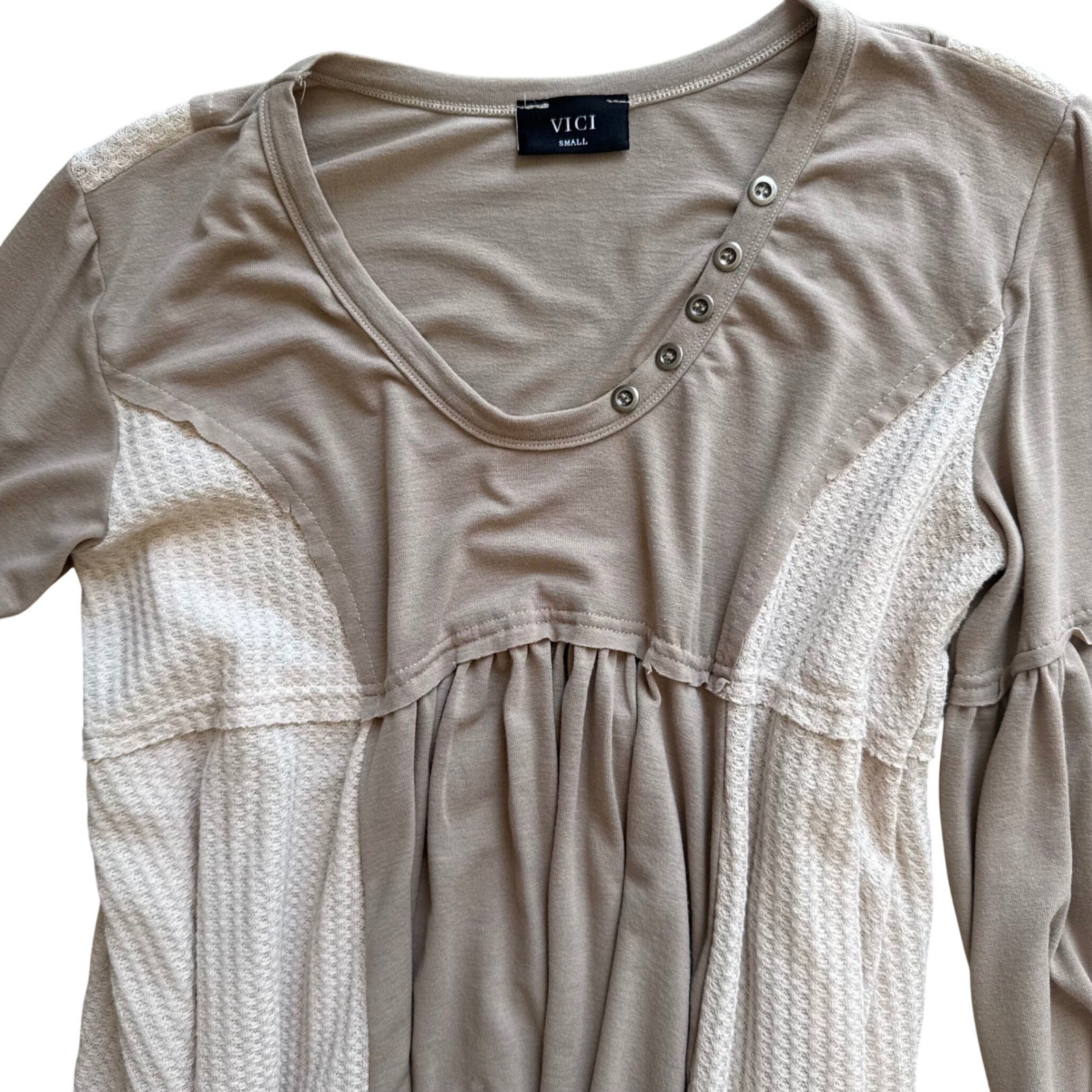 VICI Womens Small Taupe Waffle Knit Babydoll Bell Sleeve Top Boho Peasant Fairy