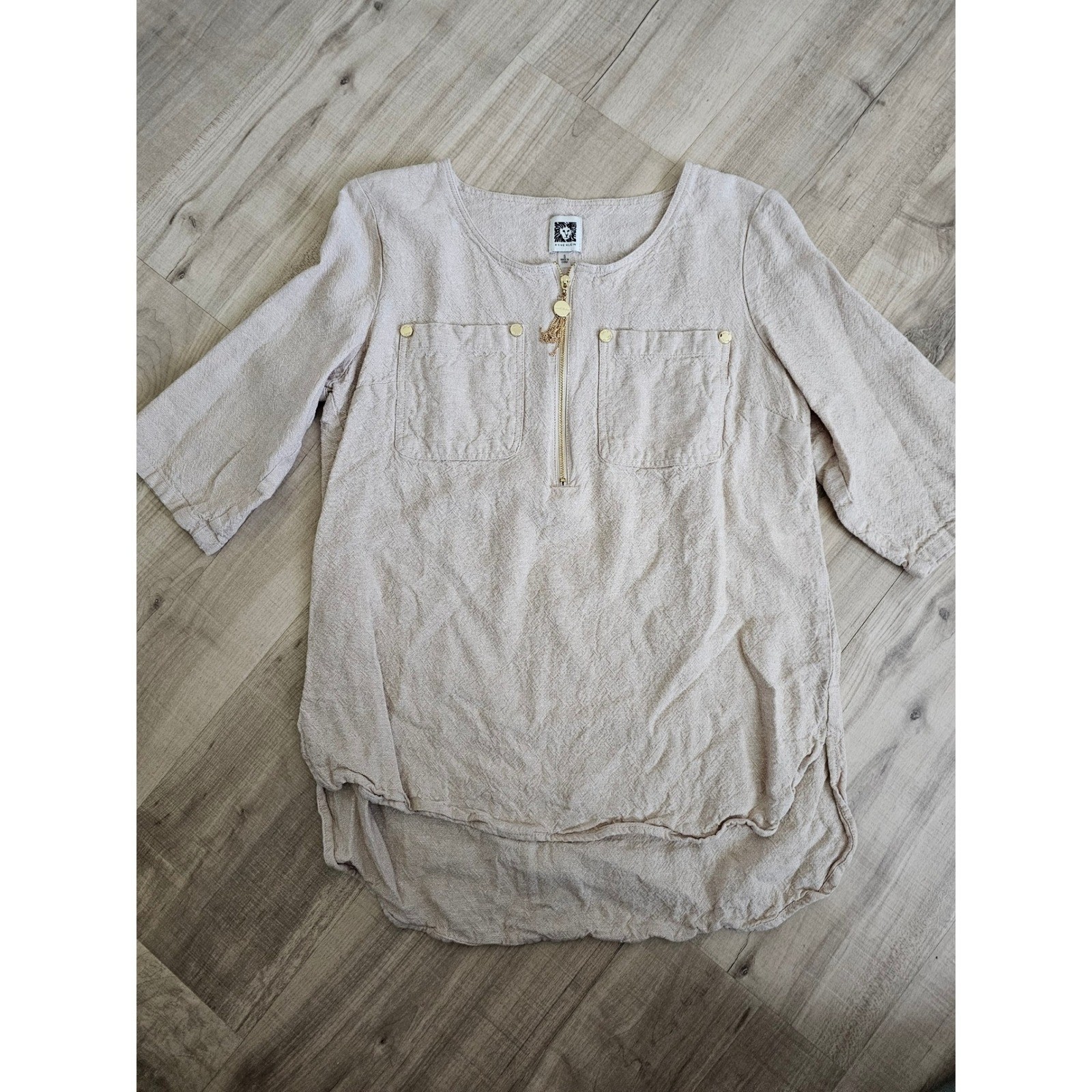 Anne Klein Womens Linen Blend Half Zip Tassel Tunic Top Beige Small